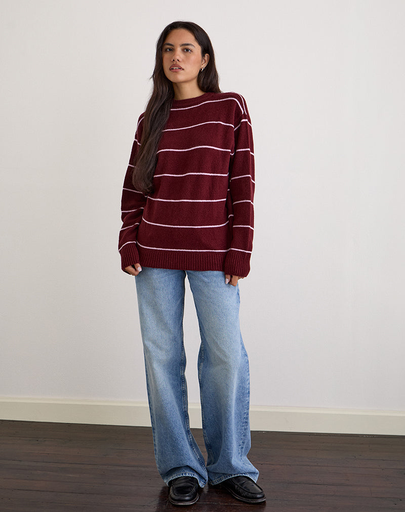 Image of Ishari Knitted Jumper in Burgundy with Pink Stripe
