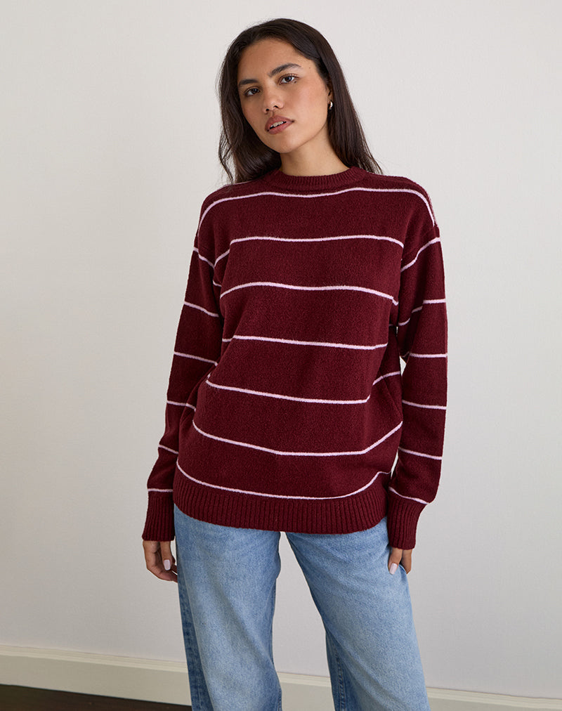Image of Ishari Knitted Jumper in Burgundy with Pink Stripe