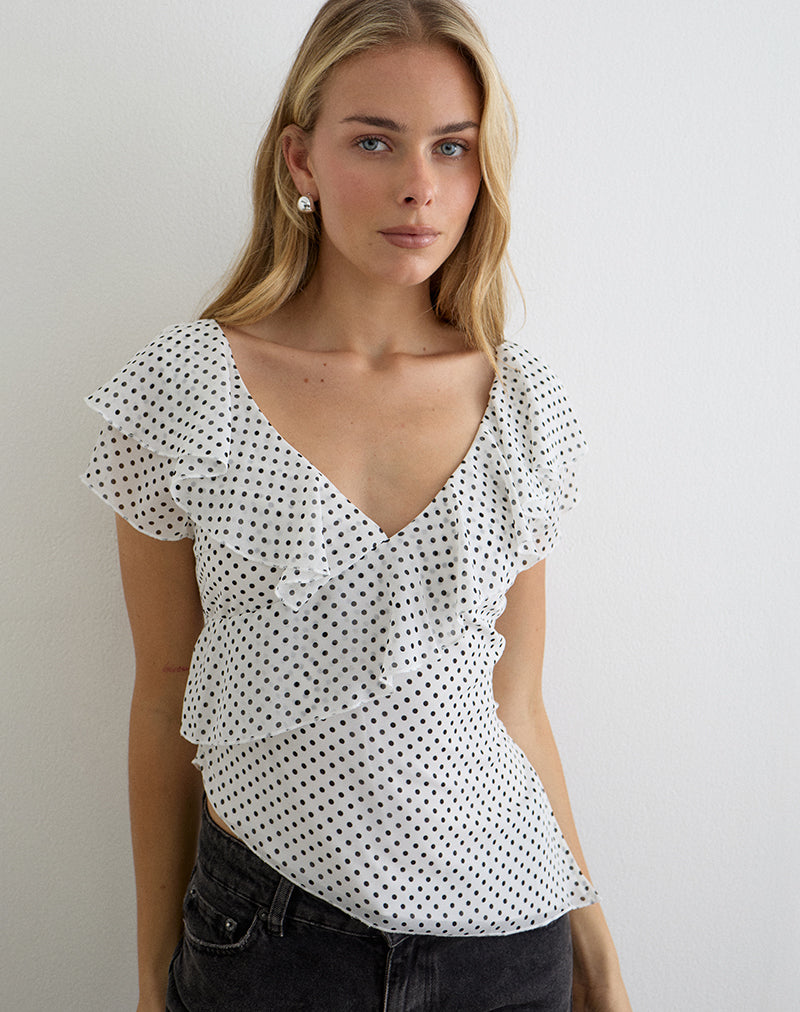 Image of Iskar Top with Frill in Chiffon White with Polka Print