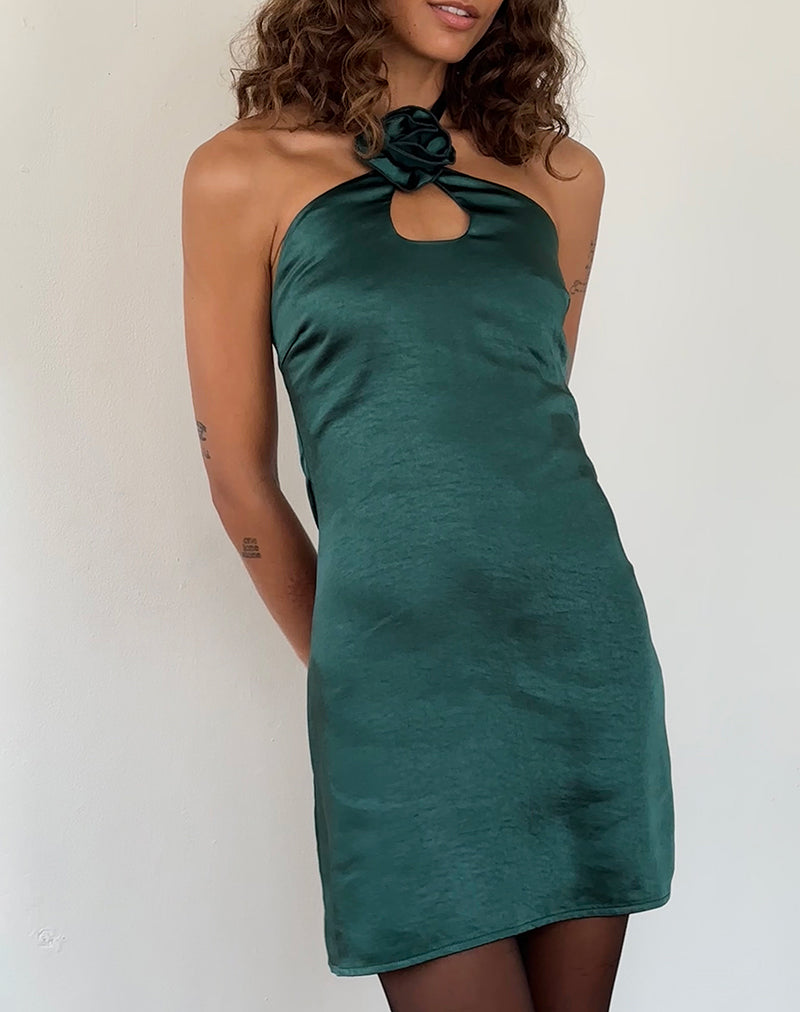 Isolda Satin Halterneck Mini Dress in Forest Green with Rosette