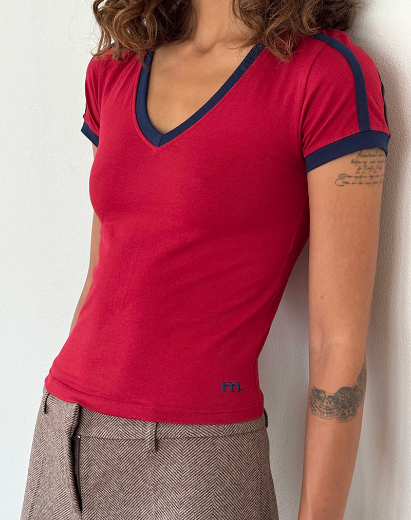 Izolde Baby Tee in Adrenalin Red with Navy Binding and M Embroidery