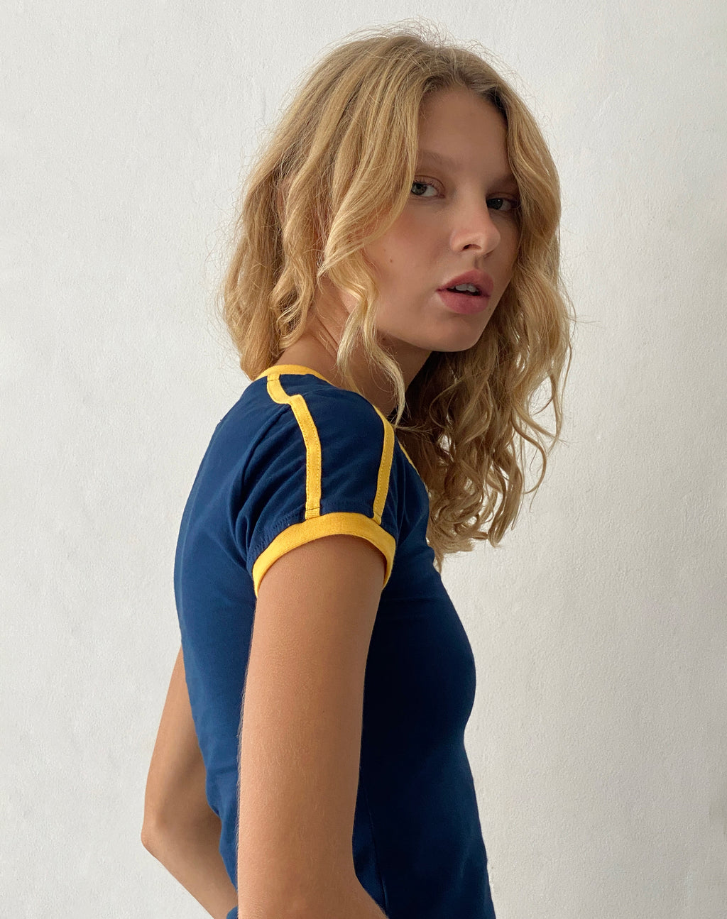 Izolde Baby Tee in Navy with Mustard Binding and M Embroidery
