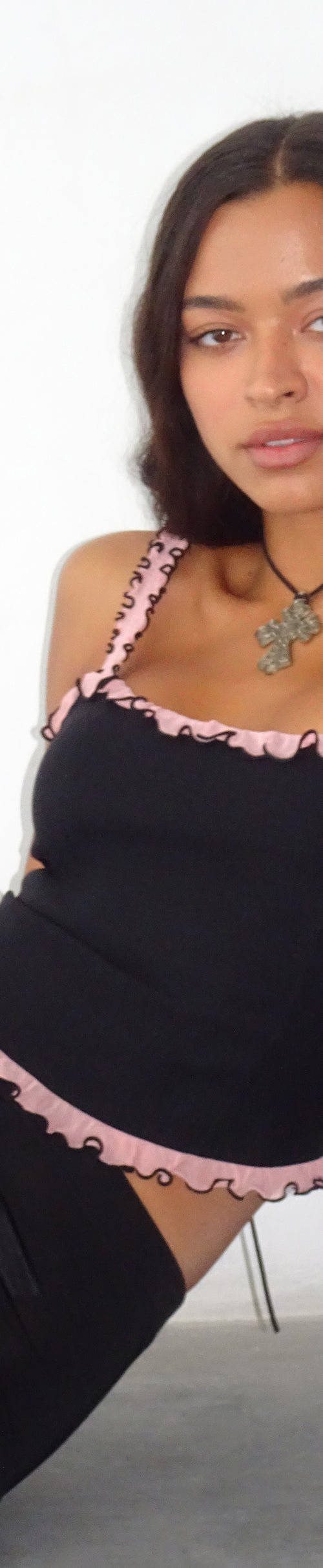 Image of Idalia Corset Top in Black with Pink Mesh Ruffle