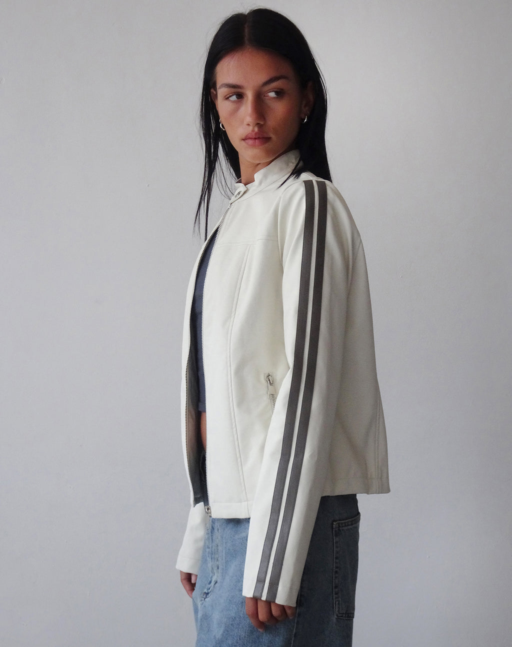 Jacquie Zip Up Jacket in PU Cream with Brown Stripe