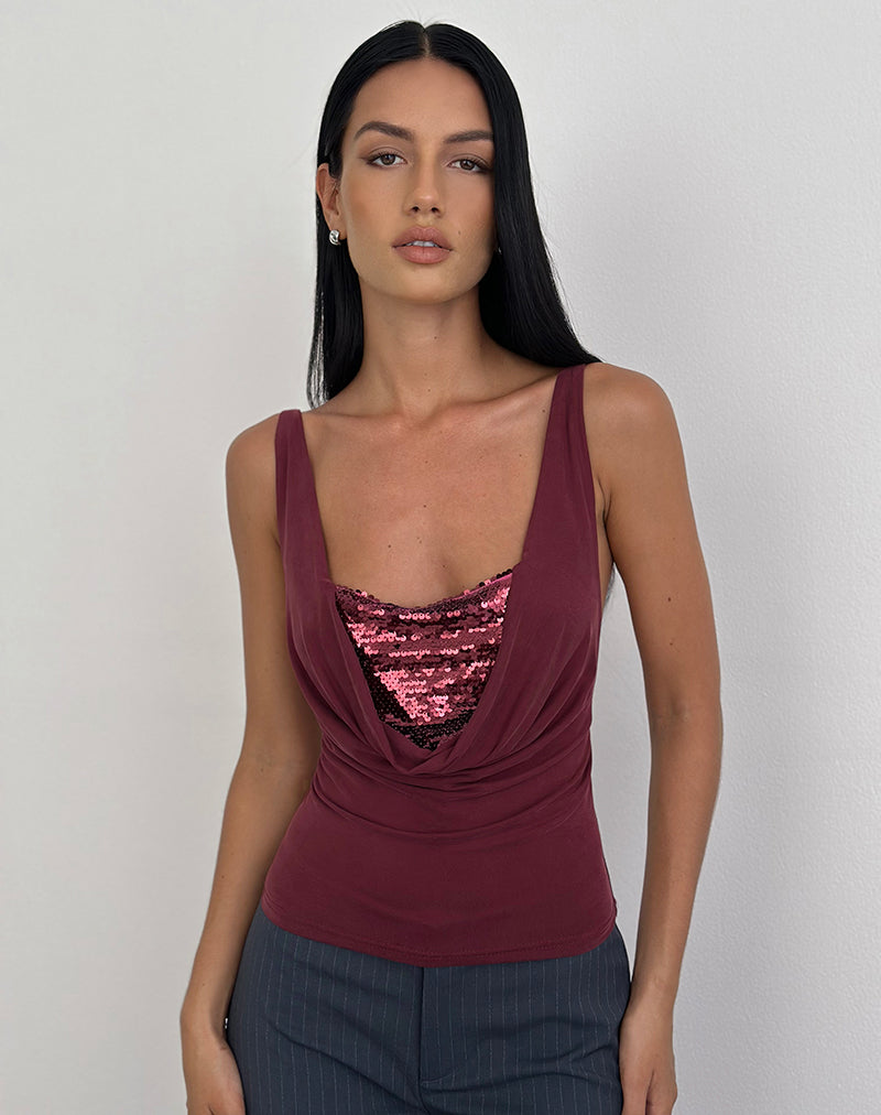 Image of Janice Top in Sequin Jersey Burgundy