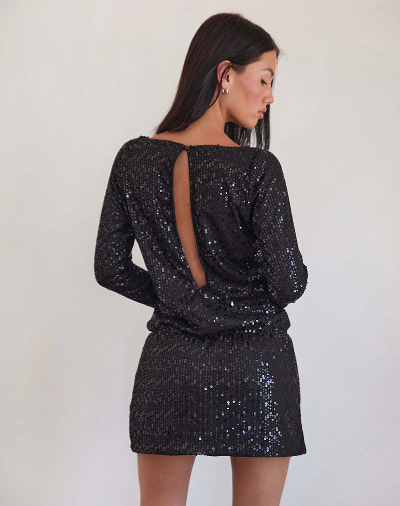 Black Sequin Long Sleeve Mini Dress