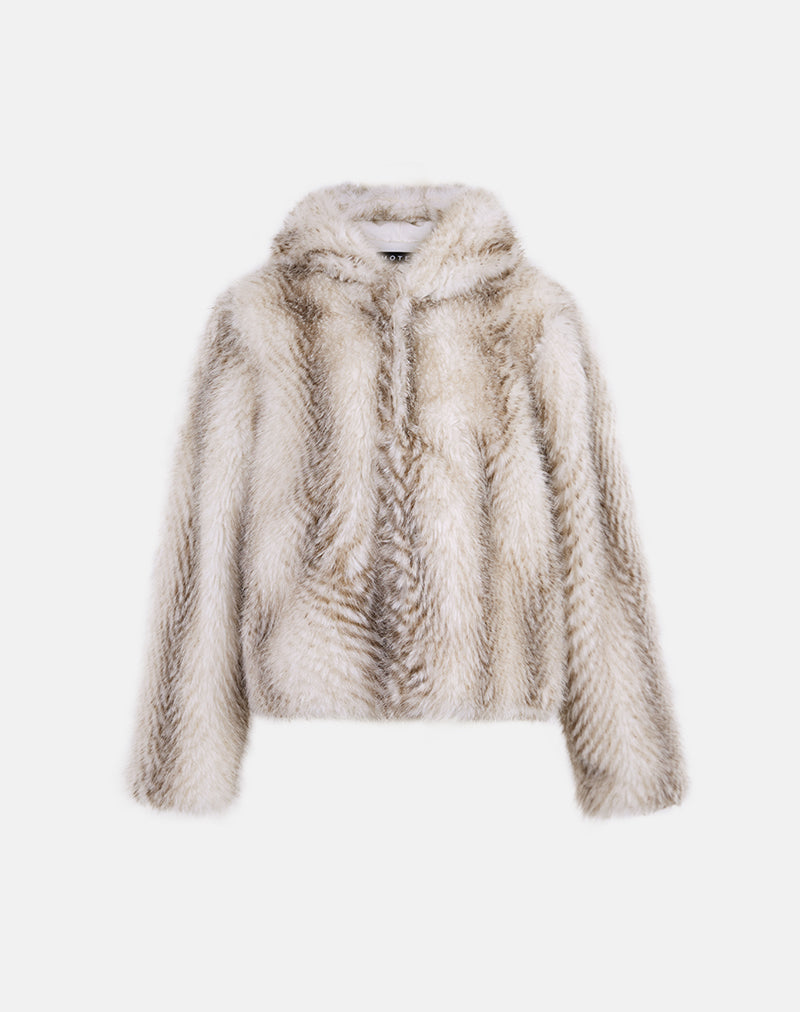 Image of Jemi Hooded Cropped Faux Fur Jacket in Cream