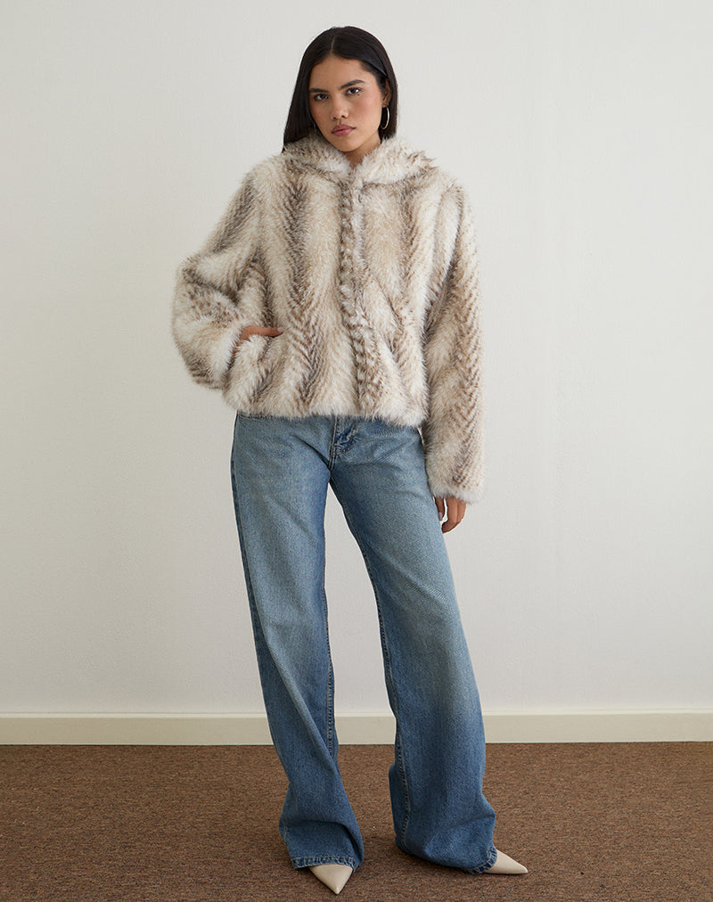 Image of Jemi Hooded Cropped Faux Fur Jacket in Cream