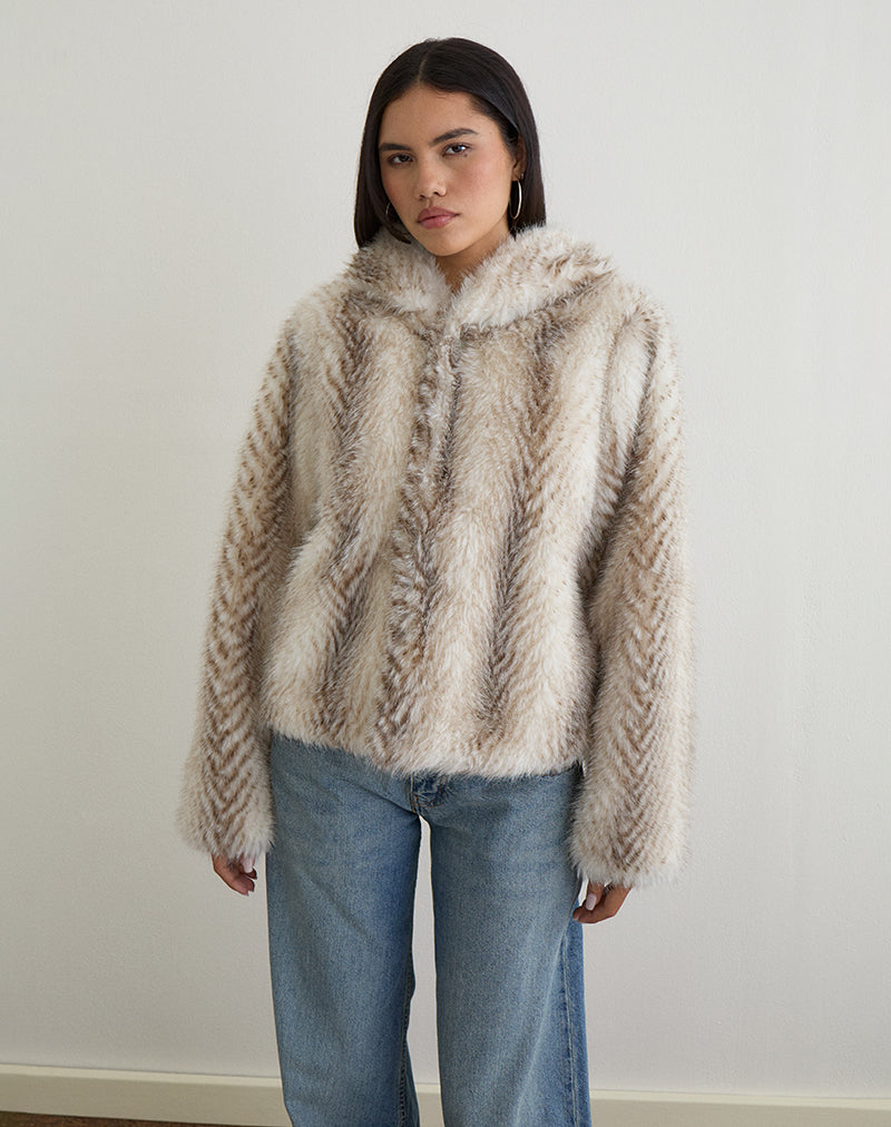 Jemi Hooded Cropped Faux Fur Jacket in Cream