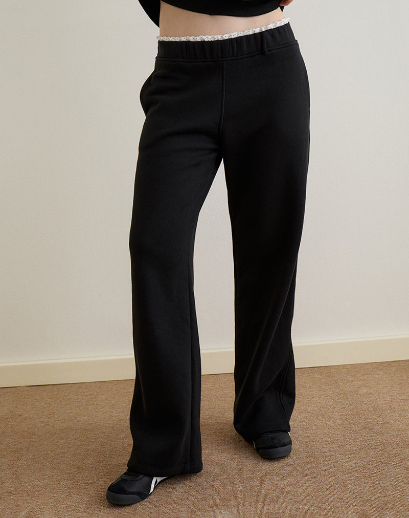 Jenita Loose Jogger in Black with White Picot Trim