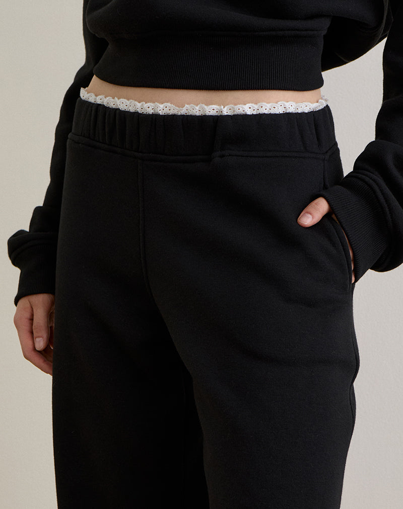 Image of Jenita Loose Jogger in Black with White Picot Trim