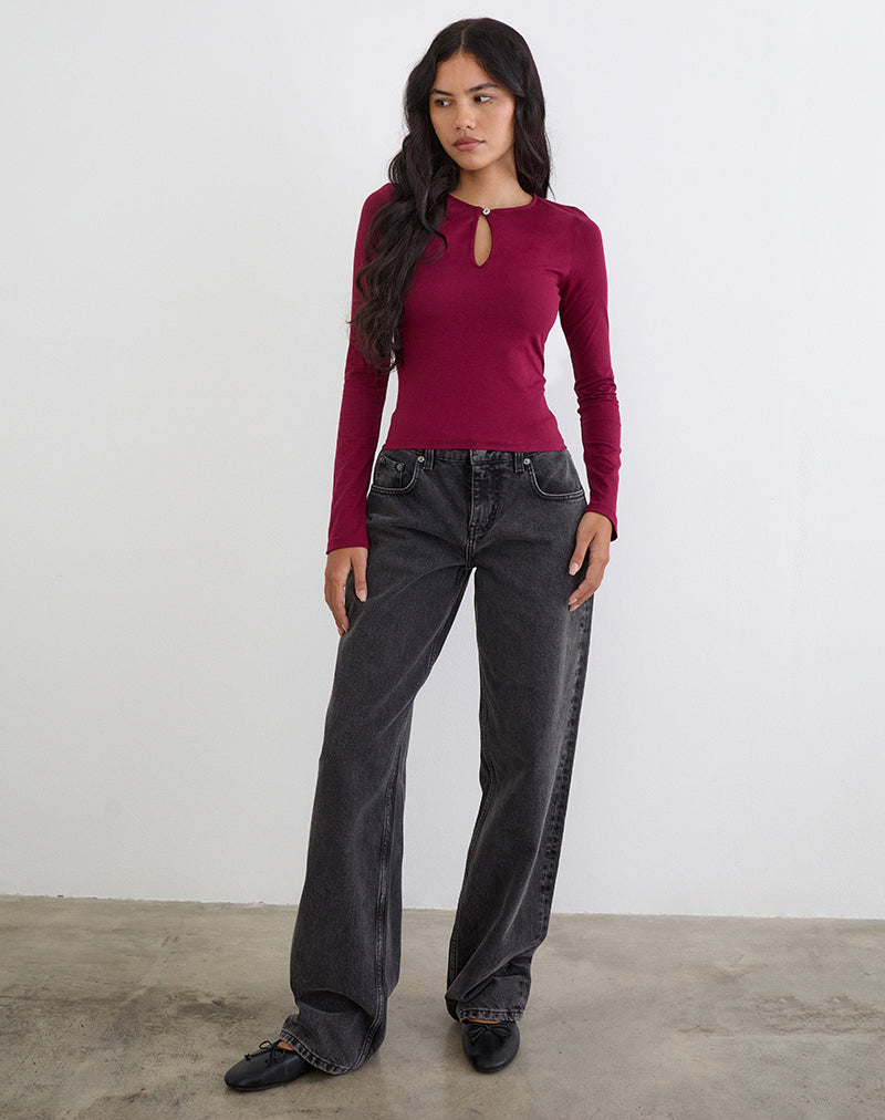 Image of Jenji Long Sleeve Top with Pearl Button in Burgundy