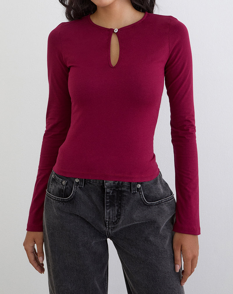 Image of Jenji Long Sleeve Top with Pearl Button in Burgundy
