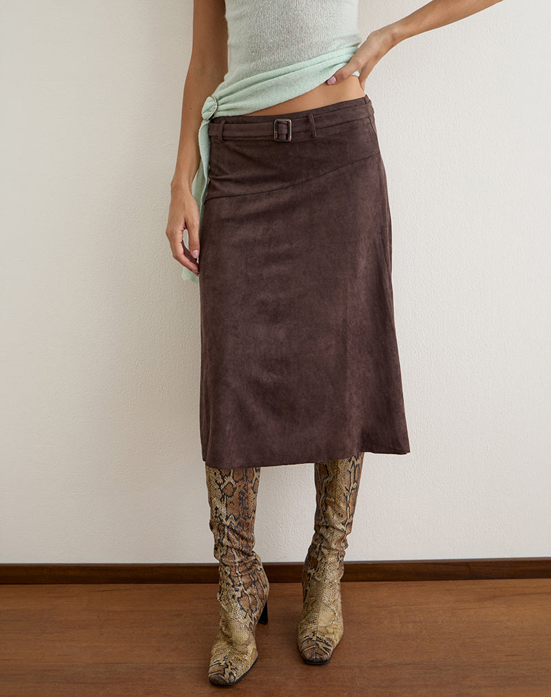 Suzu Midi Skirt in Faux Suede Dark Brown