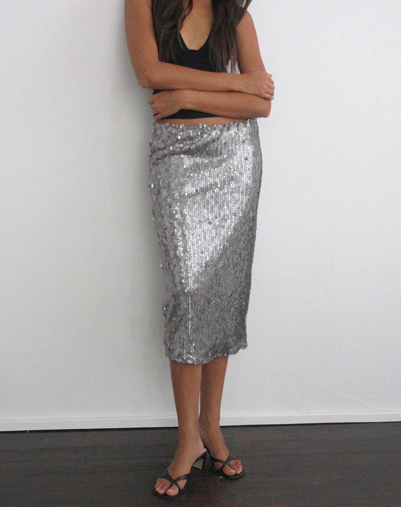Image of Jihyo Slip Midi Skirt in Disc Sequin Silver