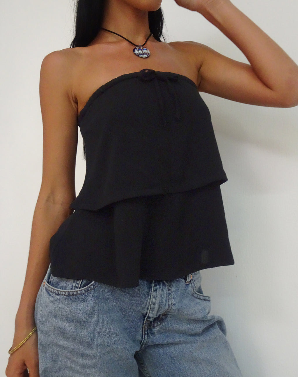 Jimin Layered Bandeau Top in Crinkle Black