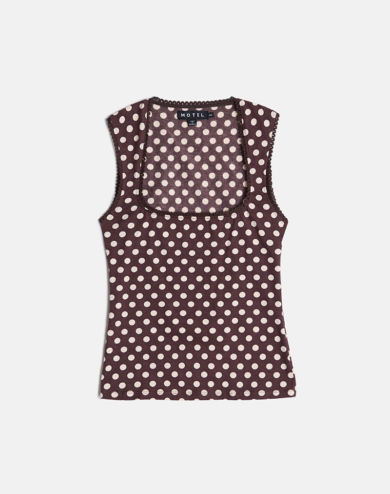 Jinalo Sweetheart Top in Brown with Small Cream Polka Prints