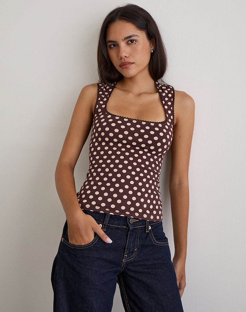 Image of Jinalo Sweetheart Top in Brown with Small Cream Polka Prints