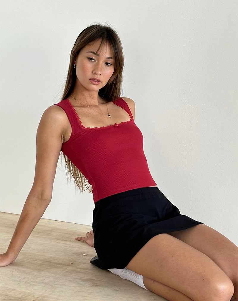 Image of Jinila Top In Adrenaline Red With Lace Trim And Bow