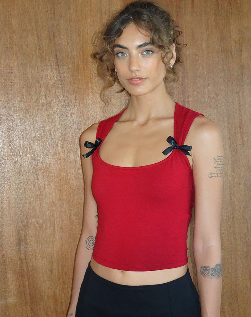 Jiniso Crop Top in Adrenaline Red with Black Bows