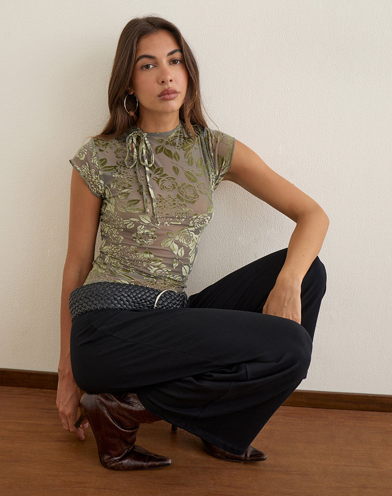 Jiwon Keyhole Top in Burn Out Mesh Olive