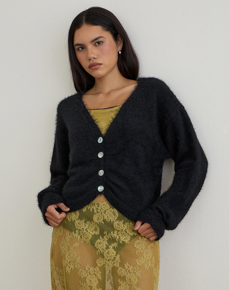 Image of Jiyo Gathered Cardigan in Knit Black