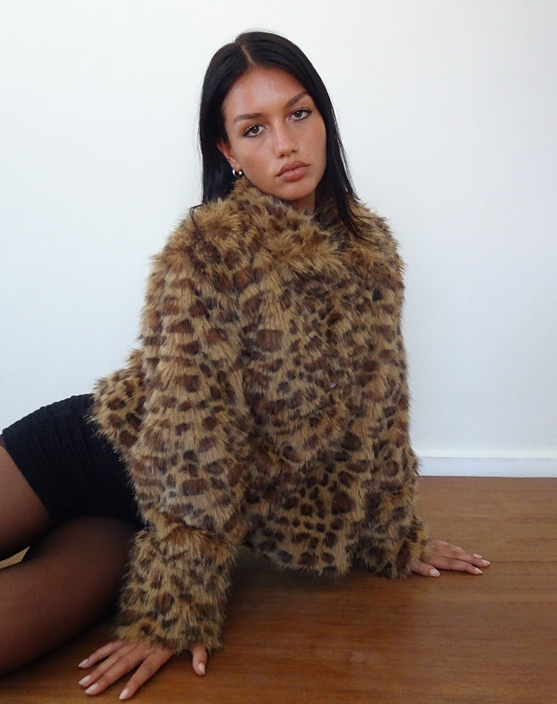 Image of Joji Crop Faux Fur Jacket in Brown Leopard