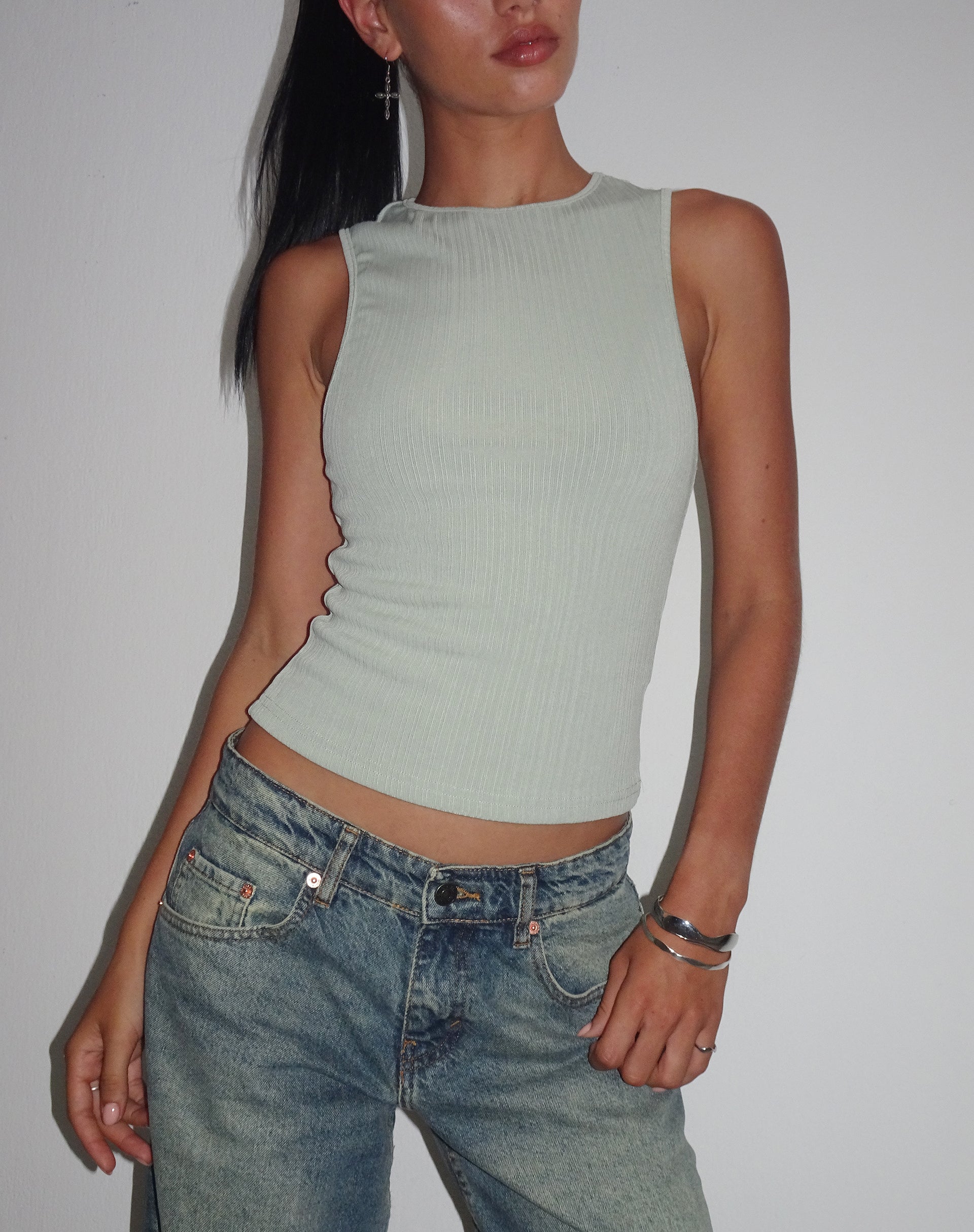Image of Jordin High Neck Jersey Top in Ribbed Mint