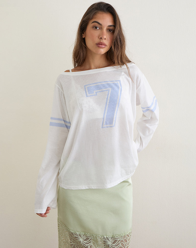 Image of Josie Long Sleeve Top in White with Seven and Stripes Graphic