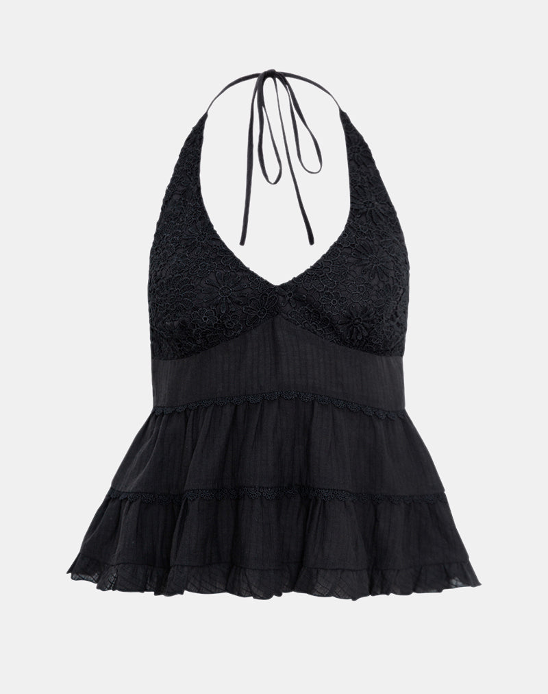 Image of Juanita Frill Halter Neck Top in Black