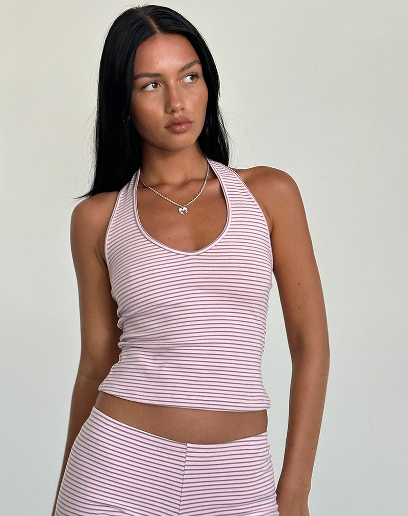 Jules Halter Top in Pink and Grey Jersey Stripe