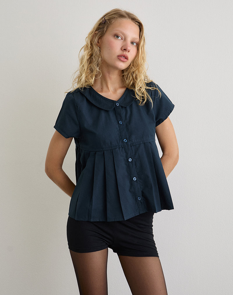 Image of Kaelis Pleated Blouse in Poplin Dark Navy