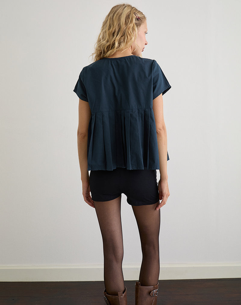 Image of Kaelis Pleated Blouse in Poplin Dark Navy