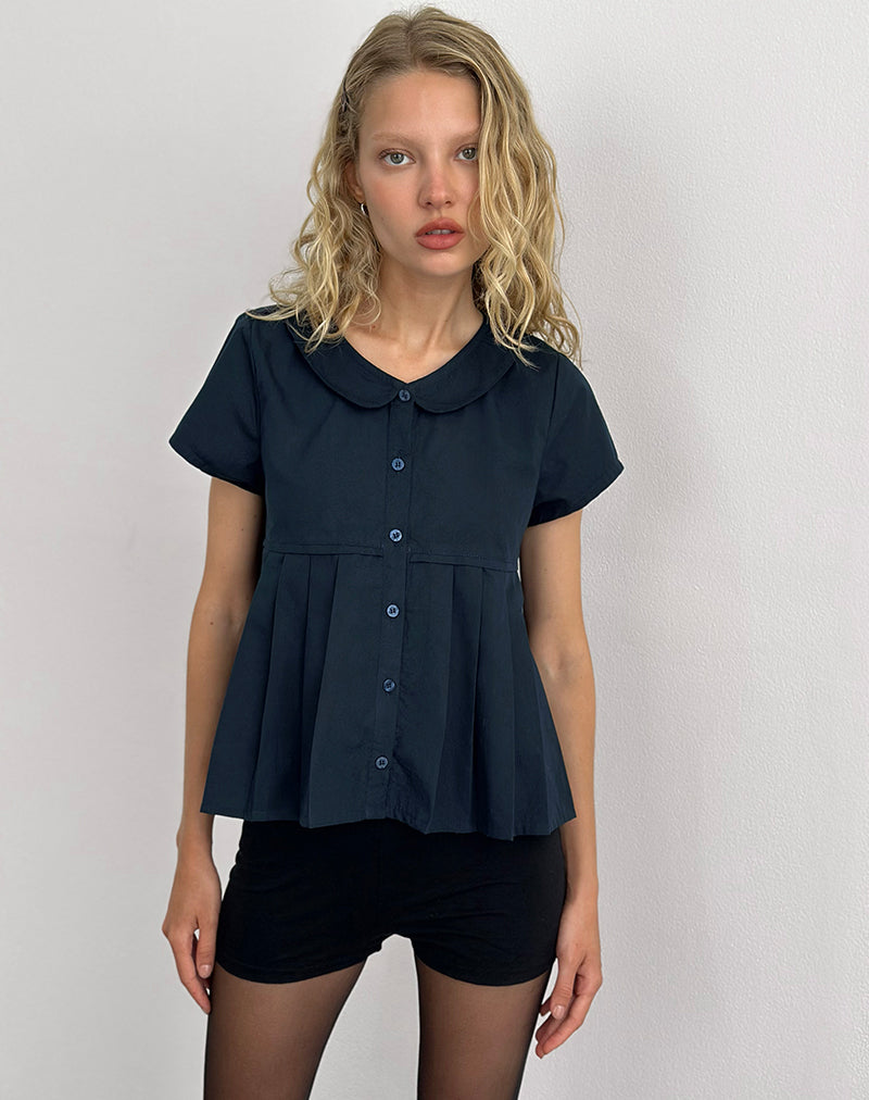Image of Kaelis Pleated Blouse in Poplin Dark Navy