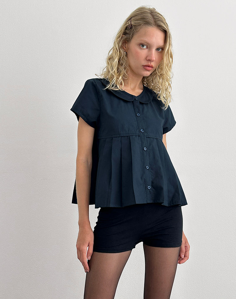 Kaelis Pleated Blouse in Poplin Dark Navy