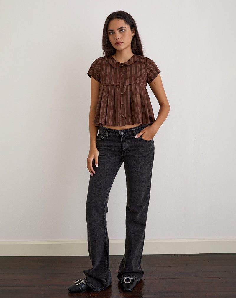 Image of Kaelis Pleated Blouse in Stripe Brown