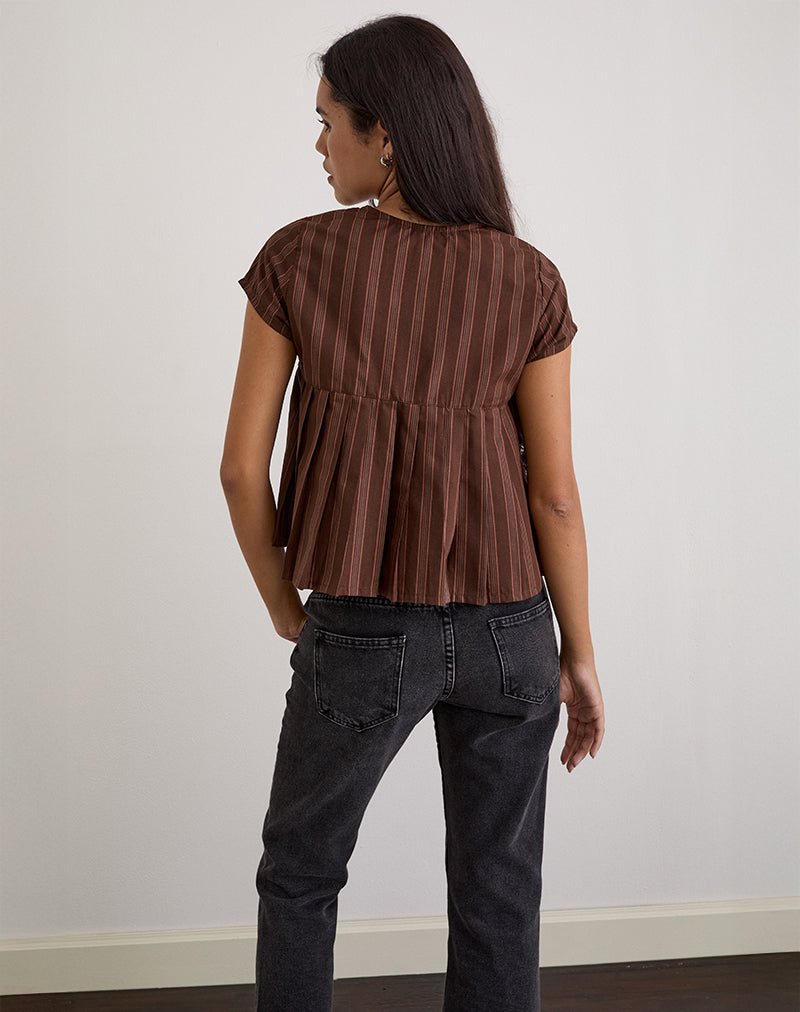 Image of Kaelis Pleated Blouse in Stripe Brown