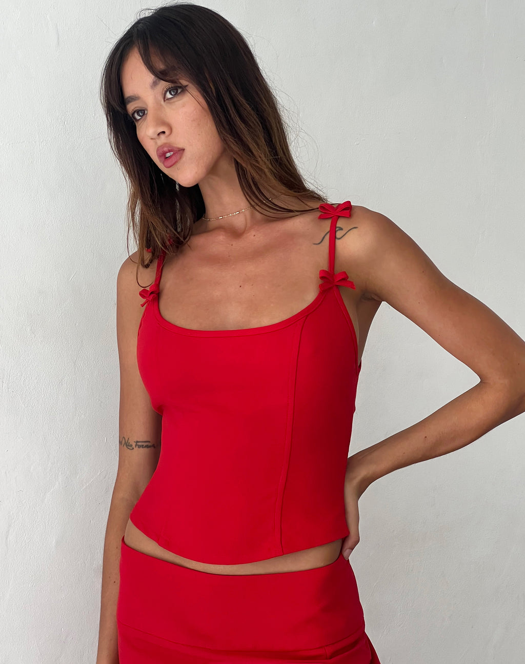 Kaida Bow Detail Corset Top in Tailoring Red