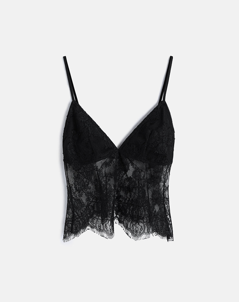 Image of Kaika Plunge Cami Top in Eyelash Lace Black