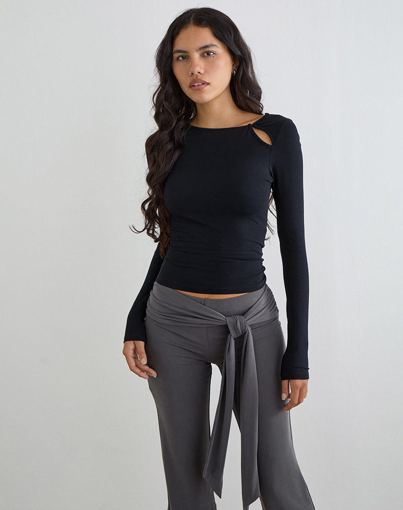 Kalais Long Sleeve Twisted Neckline Top in Black
