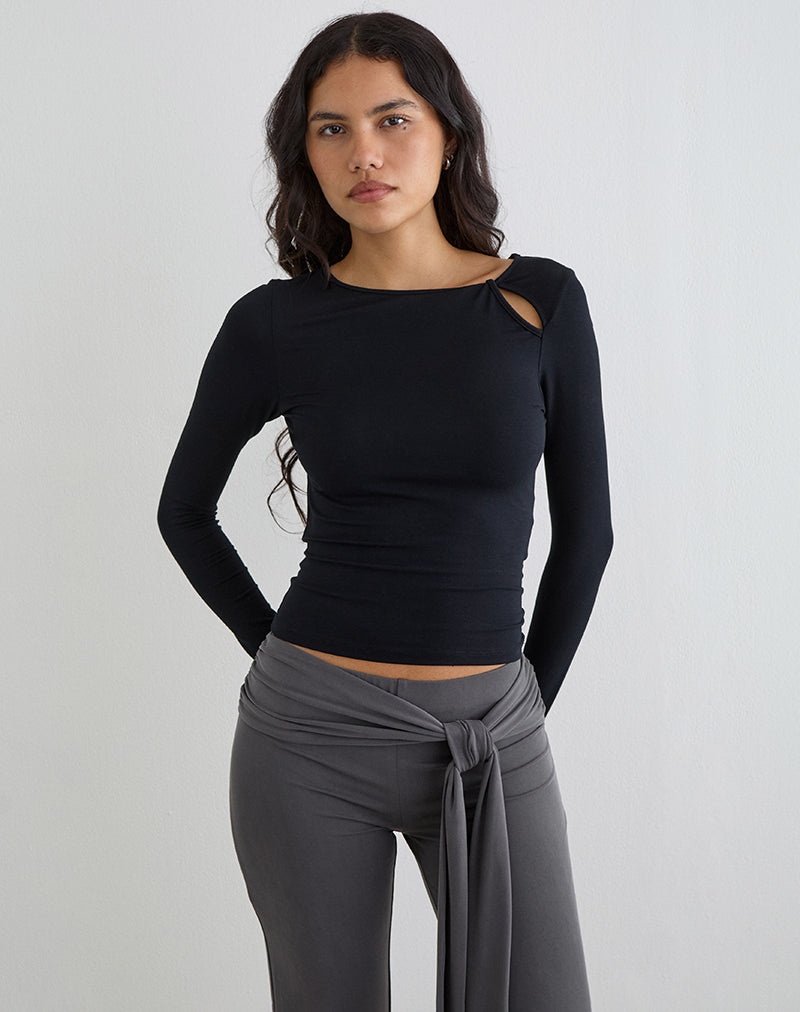 Image of Kalais Long Sleeve Twisted Neckline Top in Black