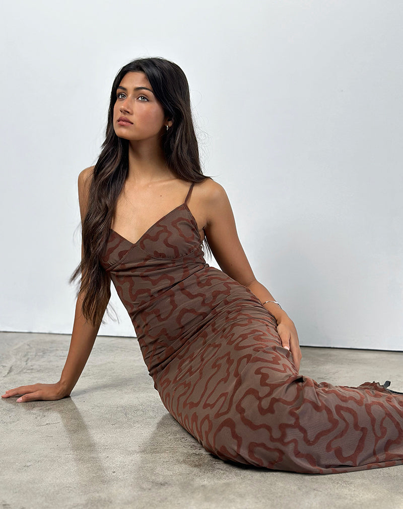 Image of Kalana Maxi Dress in Brown Swirl Flock