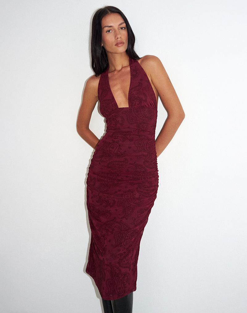 Kamau Dress in Flock Compact Paisley Wine
