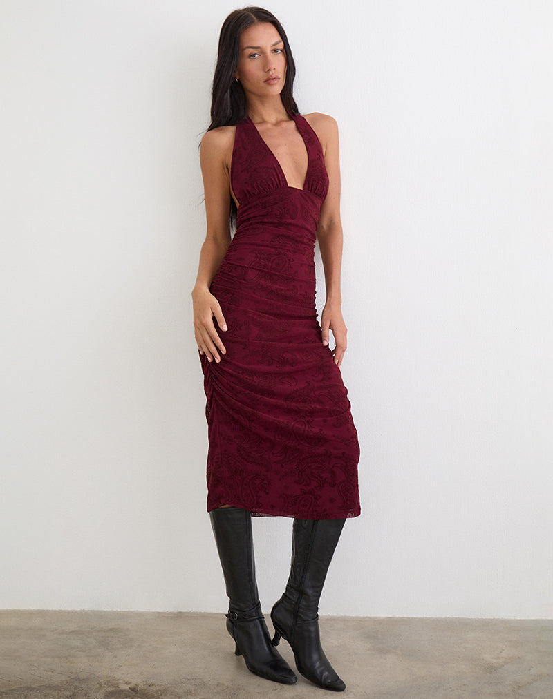 Image of Kamau Dress in Flock Compact Paisley Wine
