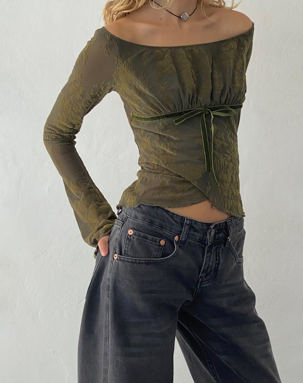 Kareena Long Sleeve Bardot Top in Abstract Botanic Dark Olive