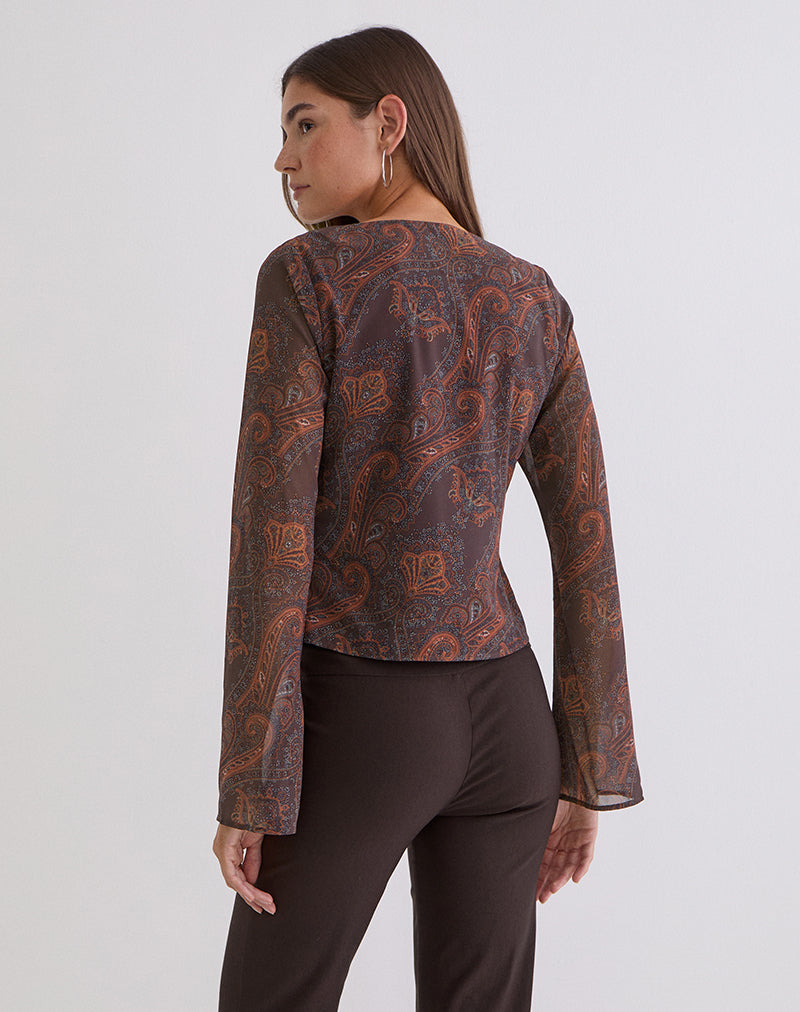 Image of Karilo Long Sleeve Top in Chiffon Royal Paisley Burgundy