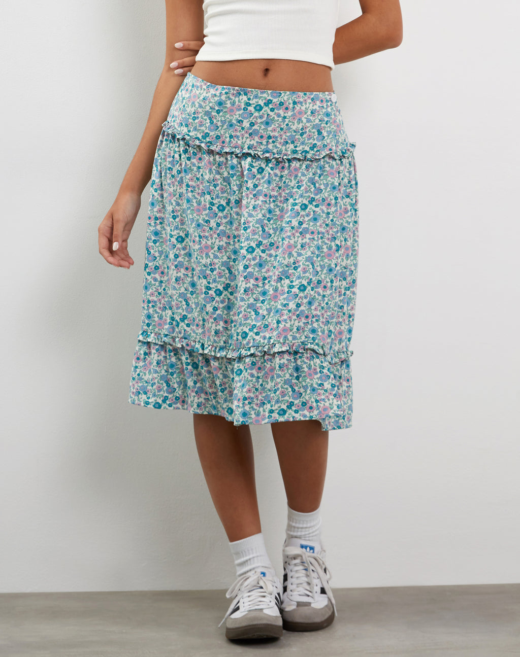 Kasya Frill Hem Midi Wrap Skirt in Flower Power Blue
