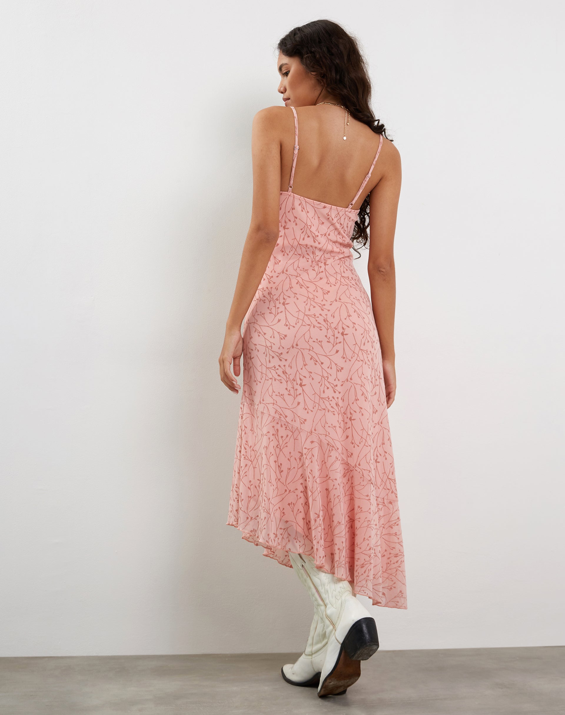Image of Kavala Asymmetric Midi Dress in Shadow Floral Pink