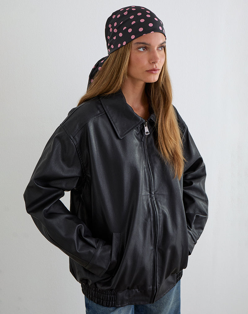 Kavra Scarf in Black Satin Scattered with Pink Polka