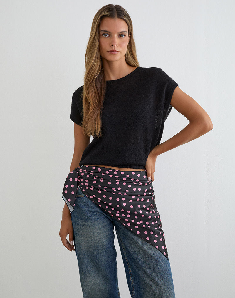 Kavra Scarf in Black Satin Scattered with Pink Polka